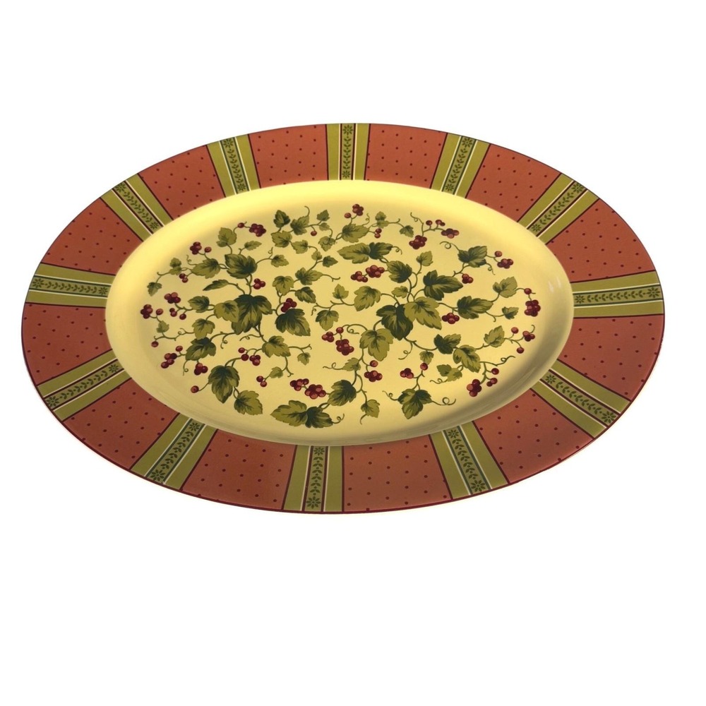 Waverly Garden Room Oval Serving Platter Red Berries Floral Stripe Poland‎ 98